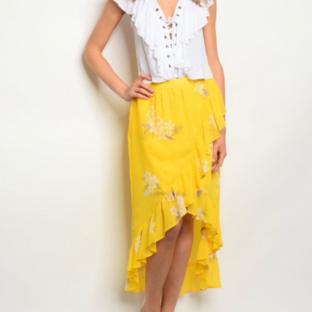 Yellow Floral Wrap Skirt Ruffle Hem - Picture 3 of 7